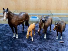 Collection of 4 Beswick Horses various models, three in brown and one palomino. Some as found,