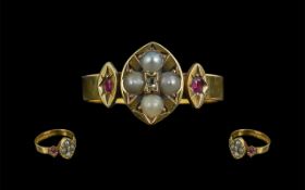 Antique Period 15ct Gold Ruby and Pearl Set Ring, hallmarked Birmingham 1907, maker's H & S,