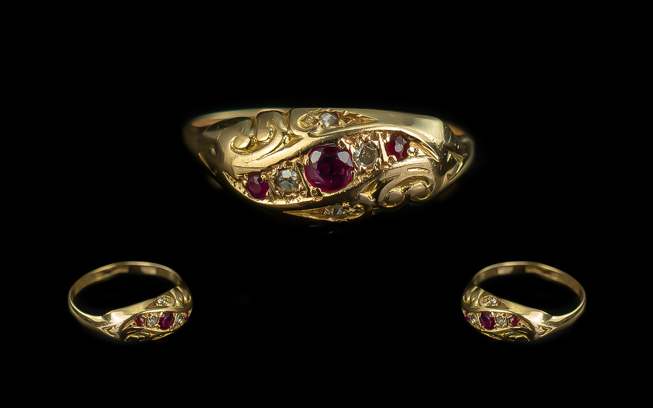 Antique Period Attractive 18ct Gold Ruby and Diamond Set Ring. Ornate Design.
