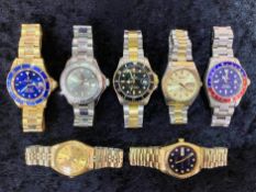 A Collection of Gentleman's Modern Replica Fashion Watches, bracelet straps chrome and gold tone.
