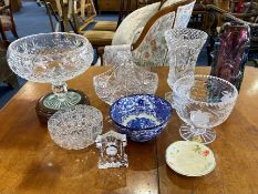 Two Boxes of Glassware, comprising large pedestal fruit bowl mounted on a wooden plinth,