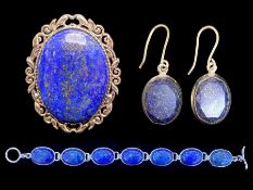 Lapis Lazuli Set of Bracelet, Brooch & Earrings, comprising drop earrings, oval brooch,