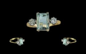 Ladies Attractive 9ct Gold - Aquamarine and Diamond 3 Stone Ring. Full Hallmark to Shank.