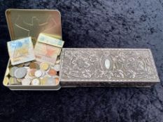 Tin of Assorted Foreign Coins, and banknotes,