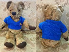 Vintage 'Busy Bear' Teddy Bear, soft plush mohair fabric, wearing a blue sweater, measures 17" tall.