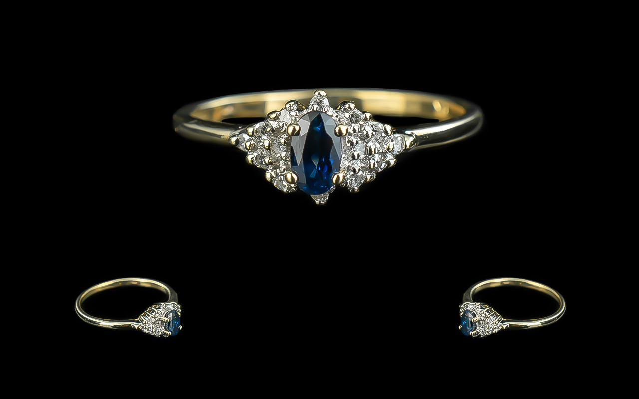 Ladies - Attractive 9ct Gold Sapphire and Diamond Petite Set Dress Ring.