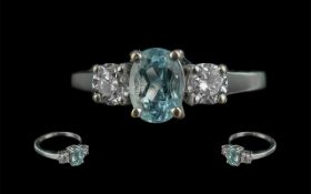 Ladies 18ct White Gold - Attractive 3 Stone Aquamarine and Diamond Set Ring.