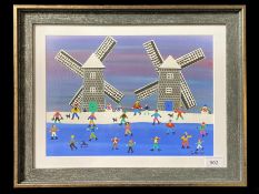 Skating By The Windmills - Acrylic on Acid free Paper Painting by Gordon Baker.