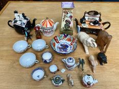 Box of Miscellaneous, to include three novelty teapots, vase, Japanese Imari Bowl, cups,