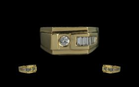 14ct Gold - Contemporary Designed Baguette and Brilliant Cut Diamond Set Dress Ring.