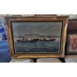 Keith Sutton Original Painting, titled 'The Departure', signed Sutton 1991. Depicts two trawlers.