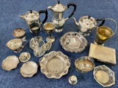 Box of Miscellaneous Silver Plated Ware, to include a tea service, cigarette box, serving trays,