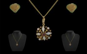 Victorian Period - Superb 9ct Gold Open-Worked and Exquisite Opal and Diamond Set Pendant with