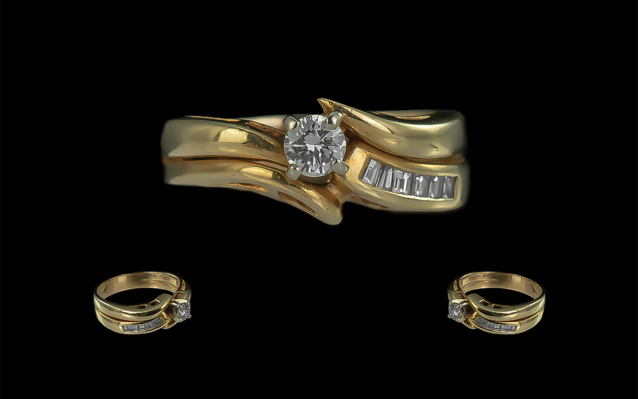 18ct Gold Excellent Quality Diamond Set Dress Ring. Fully Hallmark to Shank. The Central Round