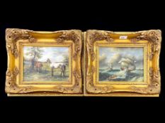Two Vintage Paintings in ornate gilt Rococo frames, one depicting horses in a field,