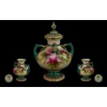 Royal Worcester Hand Painted Lidded Twin Handled Vase 'Still Life Roses', date 1909, shape no.