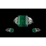 Platinum Superb Emerald and Diamond Set Dress Ring, marked platinum 900 to shank, the square shaped,