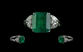 Platinum Superb Emerald and Diamond Set Dress Ring, marked platinum 900 to shank, the square shaped,