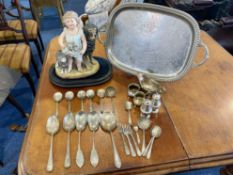 Box of Collectibles, comprising assorted silver plated ware including tray, flatware, cruet set,