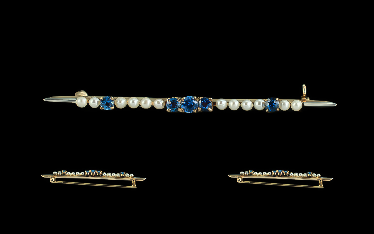 Art Deco Period 1930's Excellent 14ct Gold Exquisite Sapphire and Pearl Set Line Brooch,