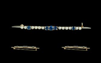 Art Deco Period 1930's Excellent 14ct Gold Exquisite Sapphire and Pearl Set Line Brooch,
