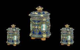 Wedgwood Majolica Handpainted Lidded Tobacco Jar, raised on four ball feet,