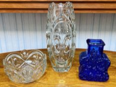 The Pieces of Heavy Glass, comprising a tall pressed fleur-de lys design glass vase 13" tall,