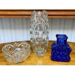 The Pieces of Heavy Glass, comprising a tall pressed fleur-de lys design glass vase 13" tall,