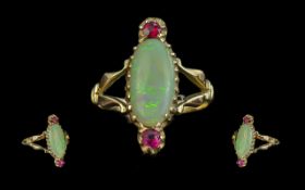 Antique Period Attractive 9ct Gold Opal and Ruby Set Ring, Not Marked but Tests Gold.