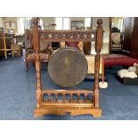 Large Late 19thC Early 20thC Oak Framed Gong, Floor Standing With Turned Supports And Gothic Detail,