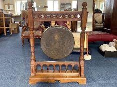 Large Late 19thC Early 20thC Oak Framed Gong, Floor Standing With Turned Supports And Gothic Detail,