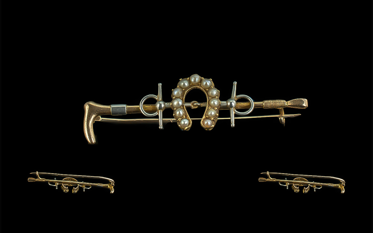 Antique Period Attractive 15ct Gold Brooch - In The Form of a Riding Crop with Pearl Set Horse Shoe