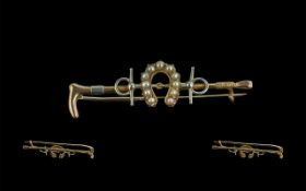 Antique Period Attractive 15ct Gold Brooch - In The Form of a Riding Crop with Pearl Set Horse Shoe