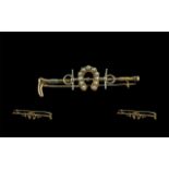 Antique Period Attractive 15ct Gold Brooch - In The Form of a Riding Crop with Pearl Set Horse Shoe