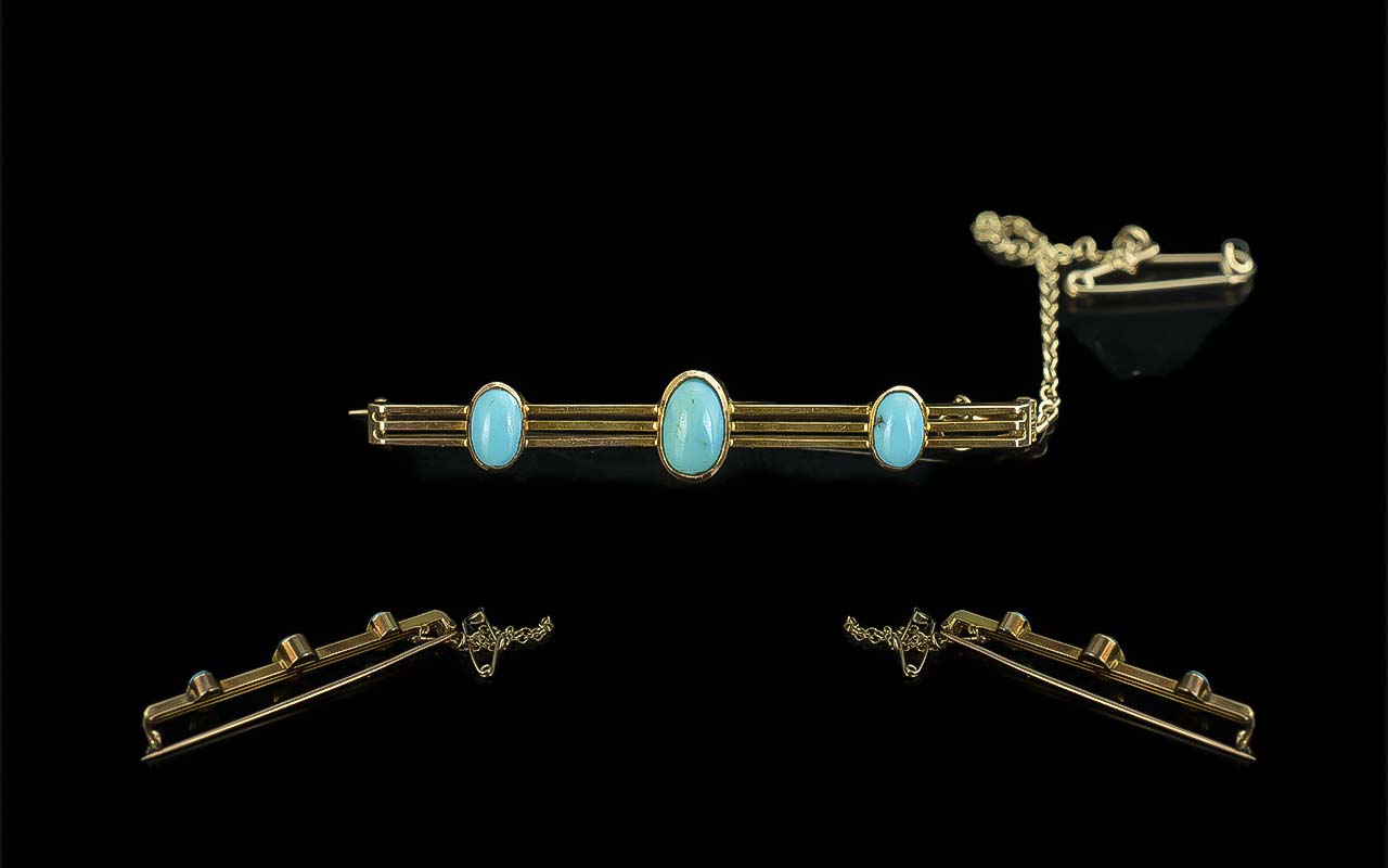 Antique Period Attractive 18ct Gold - Turquoise Set Stick Brooch, Excellent Design.