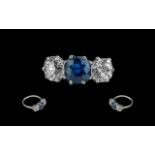 Ladies - Superb and Attractive 18ct White Gold 3 Stone Diamond and Sapphire Set Dress Ring. c.