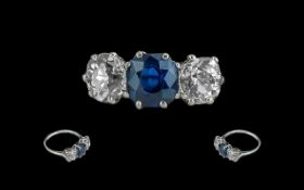Ladies - Superb and Attractive 18ct White Gold 3 Stone Diamond and Sapphire Set Dress Ring. c.