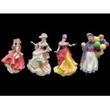 Four Royal Doulton Figures, comprising Balloon Seller, Belle Figure of the Year, Flowers of Love,
