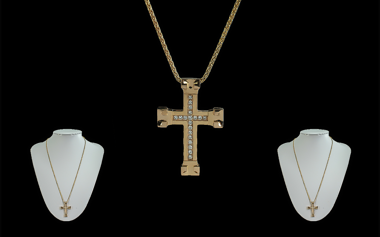 18ct Gold Cross Set With Diamonds, attached to an 18ct gold chain, both marked 750 - 18ct,