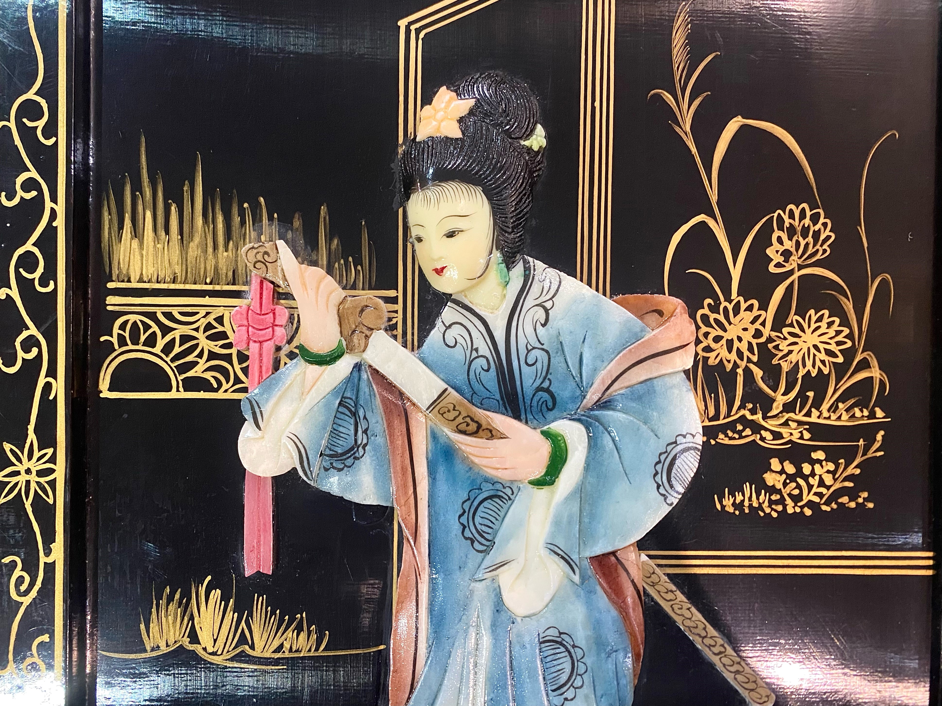 Four Japanese Wall Hangings, painted in gilt, with applied painted pearl figure. - Image 2 of 2