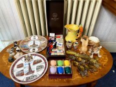 Box of Collectibles, including Blackpool Tower commemorative plates, assorted animal figures,