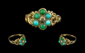 Antique Period 15ct Gold Turquoise Set Ornate Ring, flowerhead setting. Circa mid 19th century.