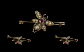 Victorian Period 9ct Gold Novelty Bug Brooch, bumble bee set with pearls and garnet.