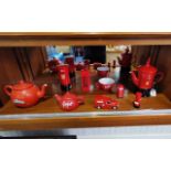 Red Typhoo Tea Set comprising tea pot, milk jug and sugar bowl,