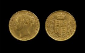 Queen Victoria 22ct Gold Shield Back - Young Head Full Sovereign, Date 1849.