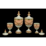 Italian Fine Pair of Mid 20th Century Hand Painted Porcelain Lidded Classical Urn Shaped Vases with