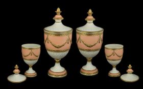 Italian Fine Pair of Mid 20th Century Hand Painted Porcelain Lidded Classical Urn Shaped Vases with