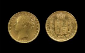 Queen Victoria 22ct Gold Young Head Shield Back Full Sovereign - Date 1849 Mint London.