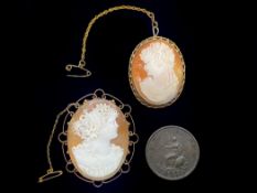 Two Framed Cameos, one set in 9ct gold depicting a maiden facing right,