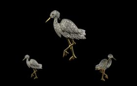 18ct Diamond Set Wading Bird Brooch realistically modelled pave diamond set body with ruby eye